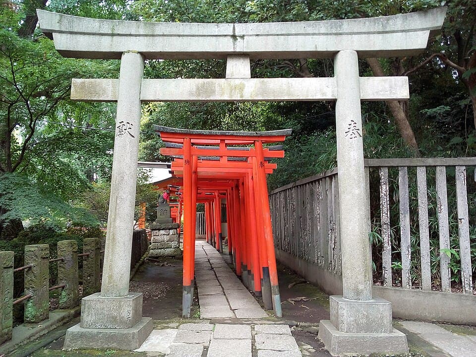A path of red torii gates beneath trees at Nezu Shrine, Tokyo