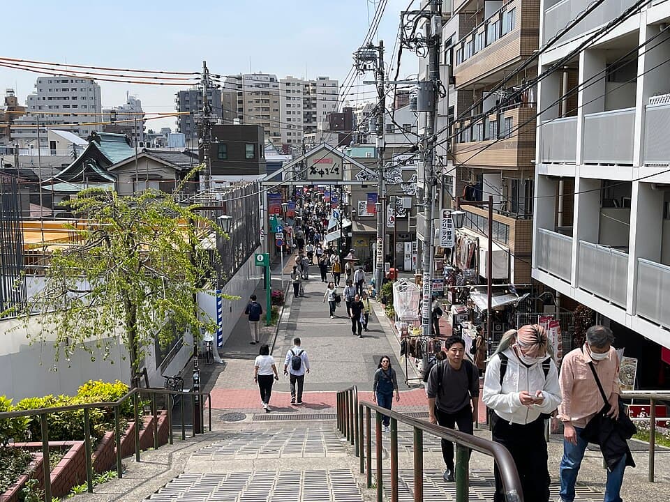 The steps leading down to the Yanaka Ginza shopping street in Tokyo